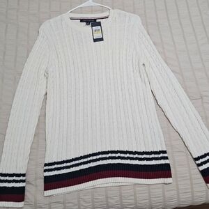 NWT- Tommy Hilfger Cream Cable Knit Sweater with Striped Hem